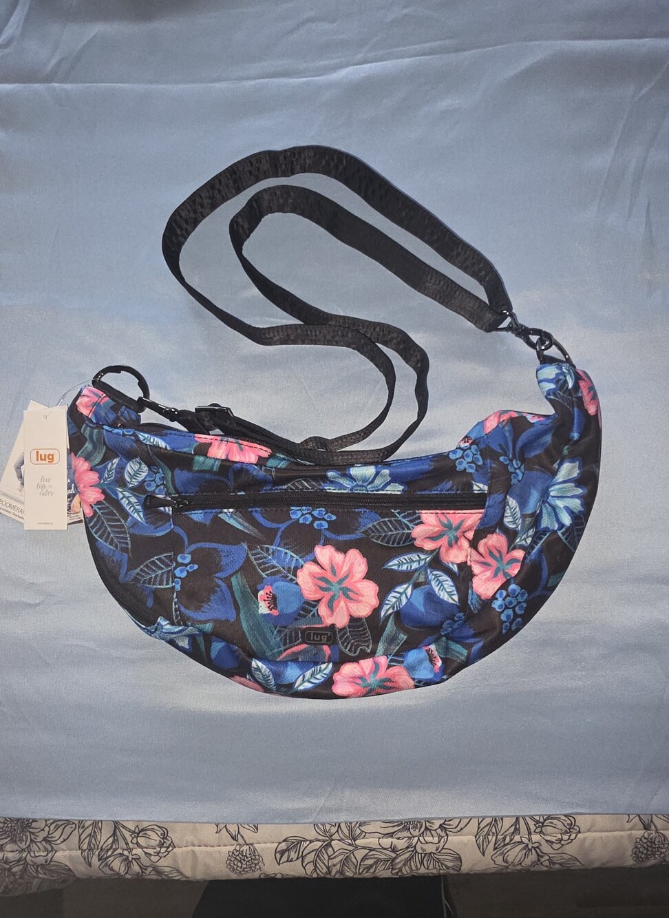 Lug Floral Crossbody Bag in Navy with Pink Flowers